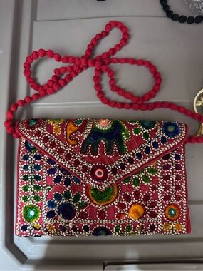Ethnic Indian Wear Pink Embroidered Mirrorwork Clutch with Beaded Strap